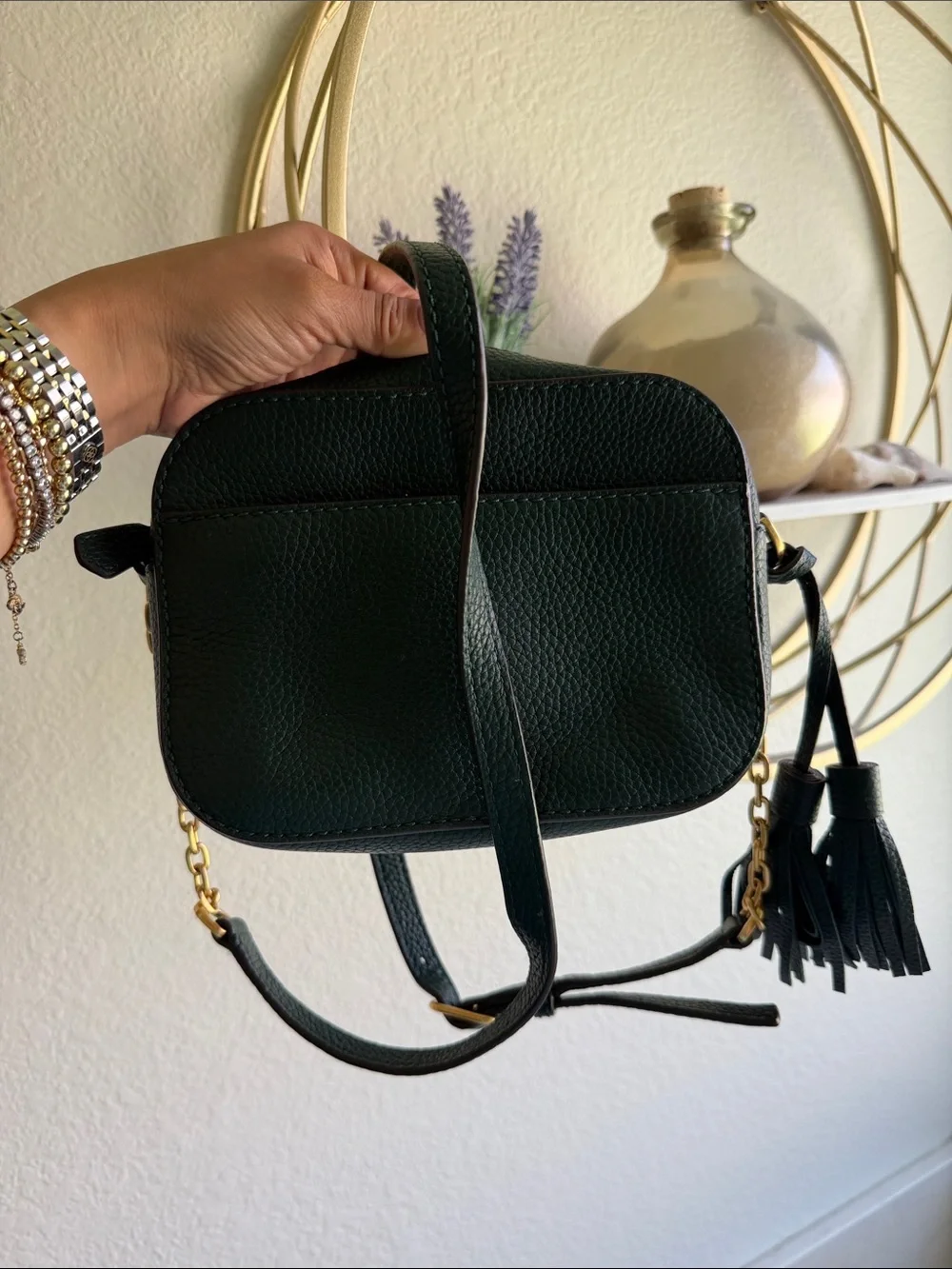Tory Burch Dark Green Leather Crossbody Bag with Gold Chain